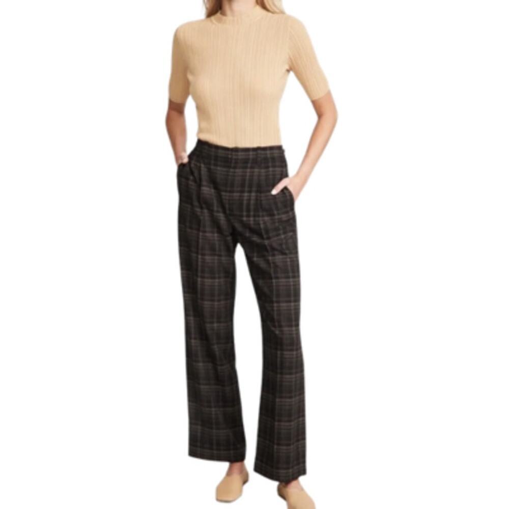 Vince Classic High Rise Pleated Trousers Wide Leg Plaid Black Brown Size 8